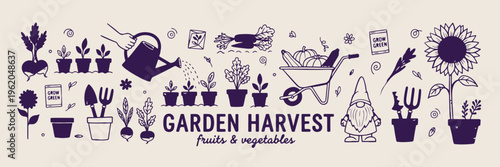  Garden Harvest Fruits Vegetables, Organic Farming Agriculture Logo, Healthy Food Gardening Illustration, Fresh Produce Farm Market, Sustainable Living Growth Design, Homegrown Vegetable Garden Art, A