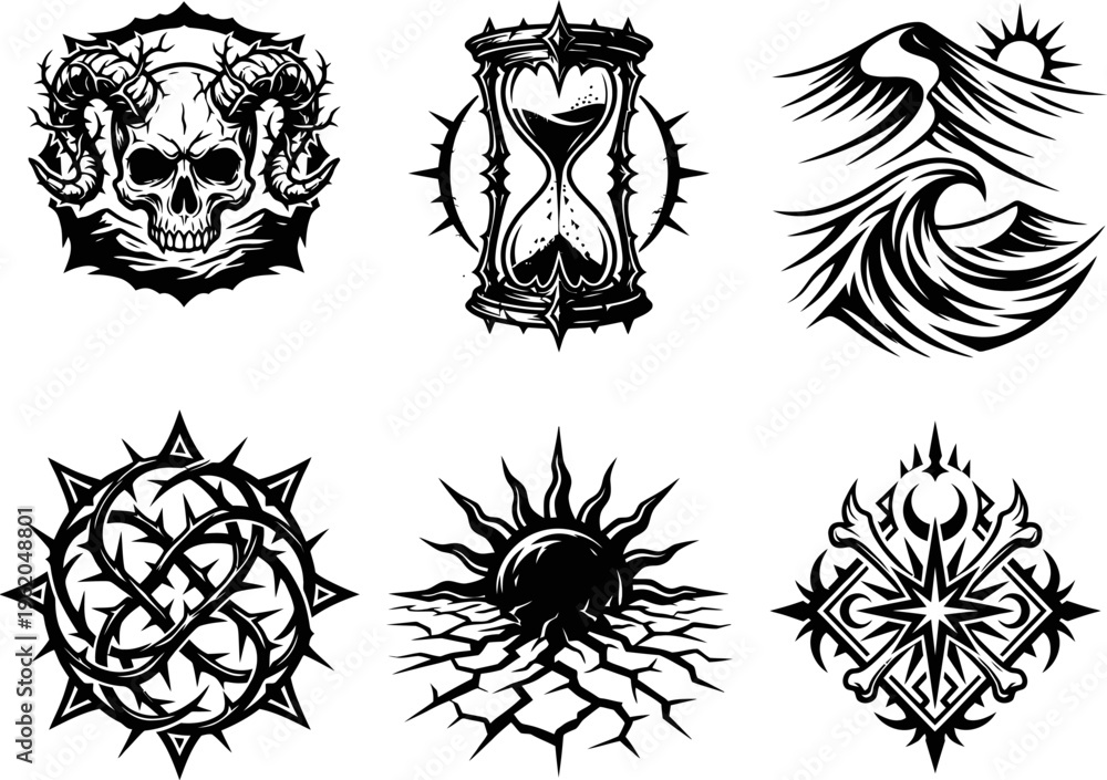Fototapeta premium Black And White Pixel Art Icons Collection Featuring Skull Hourglass Waves Thorns Sun And Bones