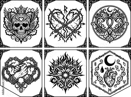 Collection Of Black Pixel Art Gothic Emblems Featuring Skull Hearts And Moon Symbols On White Background
