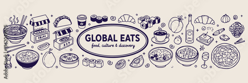  Global Eats Food Logo Design, International Cuisine Restaurant Branding, World Map Food Culture, Sushi and Dim Sum Illustration, Gastronomy Discovery Concept Art, Ethnic Food Menu Graphics, Culinary 