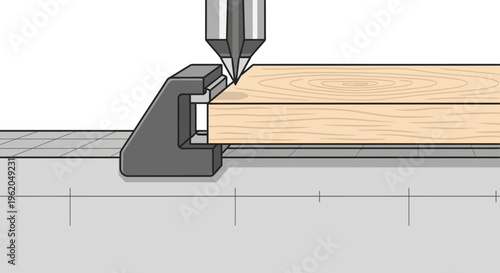 A machine cuts a wooden plank.