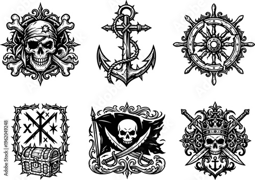 Collection Of Pirate Theme Pixel Art Icons Including Skulls Swords Anchor And Nautical Elements On White