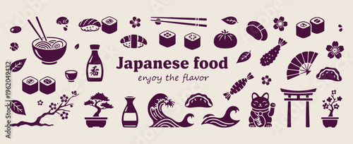  japanese food, hand drawn line art, sushi and sashimi, ramen and udon doodles, asian cuisine icons, restaurant menu design, vector illustrations

