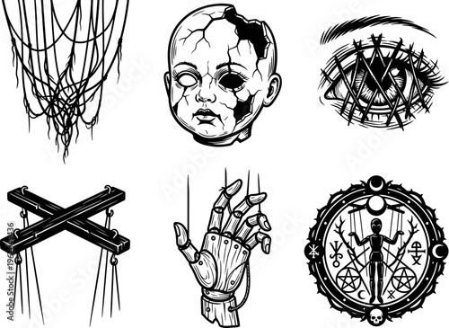 Creepy Pixel Art Set Featuring Broken Doll Head Puppet Hand Occult Seal And Eye On White Background