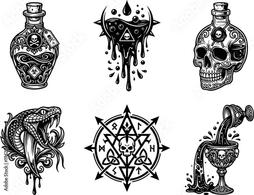 Gothic Pixel Art Collection Of Alchemy Bottles Snakes And Skulls In Black And White On White Background