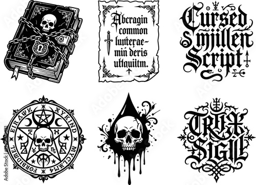 Set Of Black And White Occult Gothic Symbols And Macabre Skulls With Ancient Script On White Backdrop