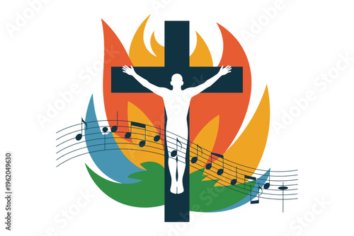 Christian worship symbol featuring silhouette of crucifixion with musical notes and colorful flame background