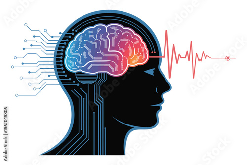 Human head profile silhouette with internal brain connected to external electronic circuitry and brainwave activity monitoring