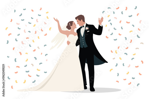 Happy bride and groom dancing at wedding celebration showered with colorful confetti against transparent background