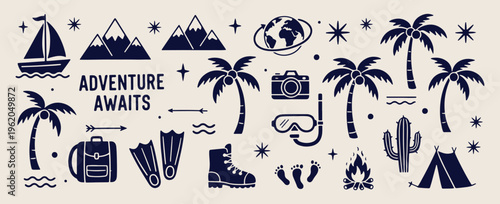  travel and vacation, hand drawn elements, line art illustration, beach and adventure doodles, tourism and holiday icons, world map and global journey, summer trip
