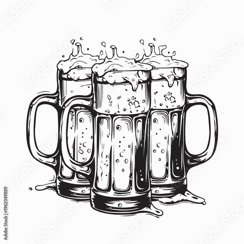 Beer Glasses With Spilling Foam And Bubbles Image Vector Isolated On White Background
