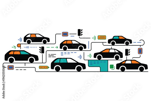 Intelligent transportation system with connected self driving cars traffic management concept illustration