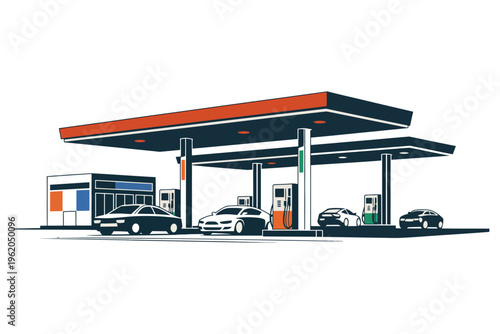 Modern gas station illustration with cars fueling under canopy concept for automotive service and travel infrastructure