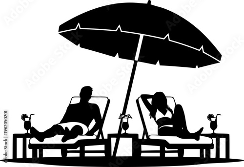 Solid black silhouette of a couple relaxing on beach sunbeds under an umbrella, minimalist summer vacation and luxury resort travel vector illustration isolated on white.