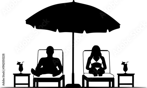 Solid black silhouette of a couple relaxing on beach sunbeds under an umbrella, minimalist summer vacation and luxury resort travel vector illustration isolated on white.