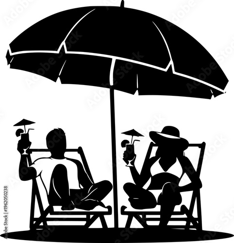 Solid black silhouette of a couple relaxing on beach sunbeds under an umbrella, minimalist summer vacation and luxury resort travel vector illustration isolated on white.