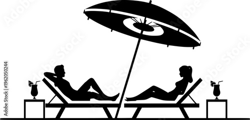 Solid black silhouette of a couple relaxing on beach sunbeds under an umbrella, minimalist summer vacation and luxury resort travel vector illustration isolated on white.