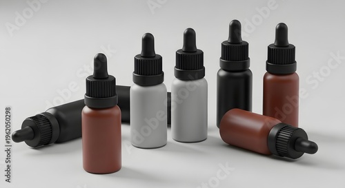 set of brown gray white and black dropper bottles with medical use