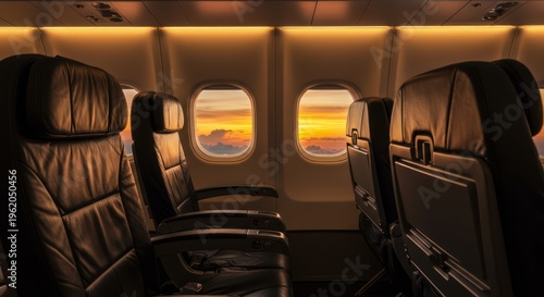Airplane cabin seats with sunset view through windows.