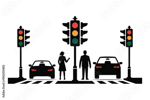 Pedestrian crosswalk with traffic lights showing red for vehicles and people waiting to cross street