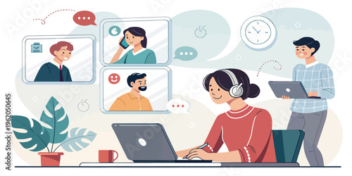 A vector graphic illustration of a woman working on a laptop with a headset and multiple video call screens around her