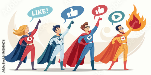 A colorful illustration of superheroes holding social media icons and symbols