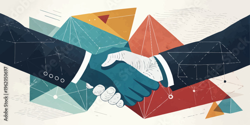 A vector graphic illustration of two businesspeople shaking hands in a partnership or agreement