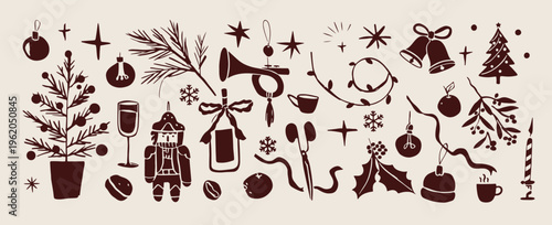 hand drawn doodles, vintage party, celebration and events, decorative elements, line art illustration, retro holiday icons, set of ornaments

