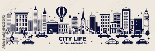 city life, hand drawn outline, urban landscape, city skyline, town elements doodles, street and building icons, vintage vector

