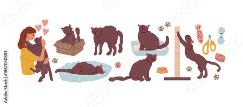 Cat life collection set. Happy cat owner woman hugging her feline friend. Various cat daily activities. Flat vector illustrations for pet care, veterinary clinic, animal behavior infographics.