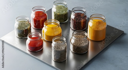 assorted colorful spices in glass jars on modern metallic tray for culinary use