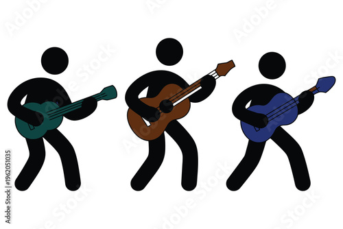 Three stylized stick figures playing musical instruments, two on guitars and one on a bass guitar, forming a band on clear background