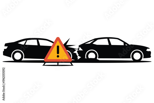 Two cars involved in rear end collision with warning hazard triangle sign indicating accident scene