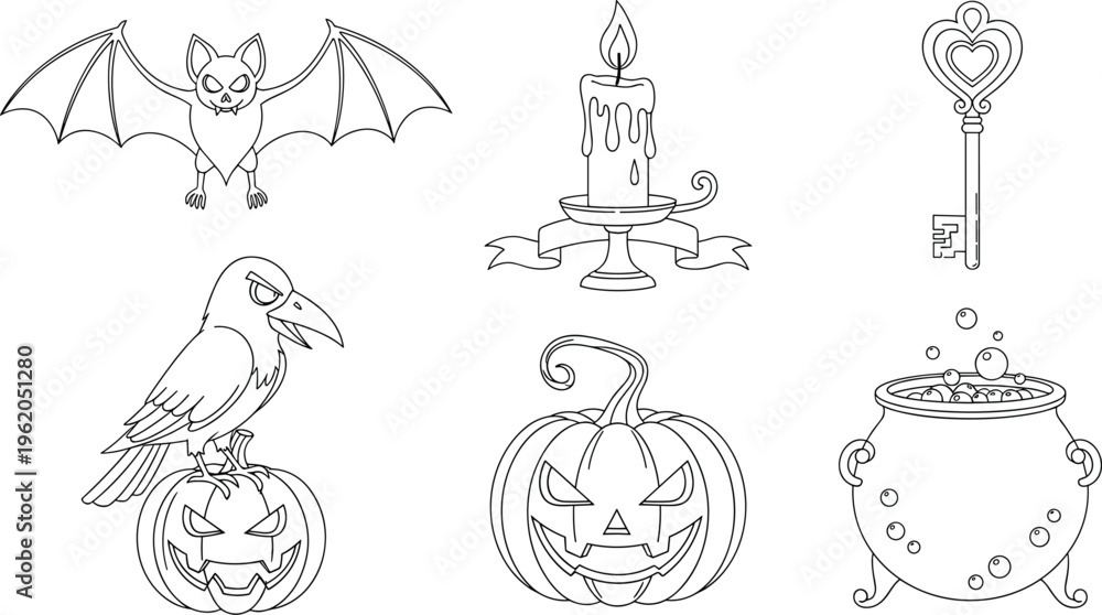 Naklejka premium Black and white line art vector icon set for Halloween featuring a bat candle key crow pumpkin and witch cauldron