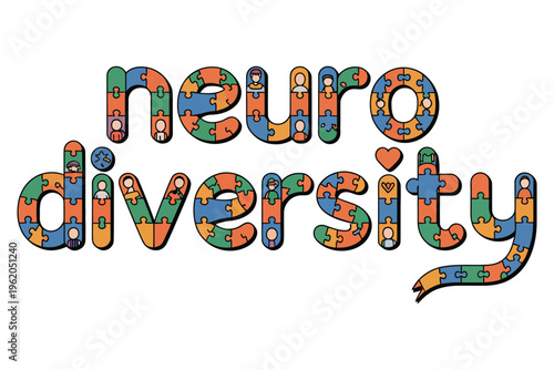 Word neurodiversity formed by colorful puzzle pieces with small human figures inside representing inclusion