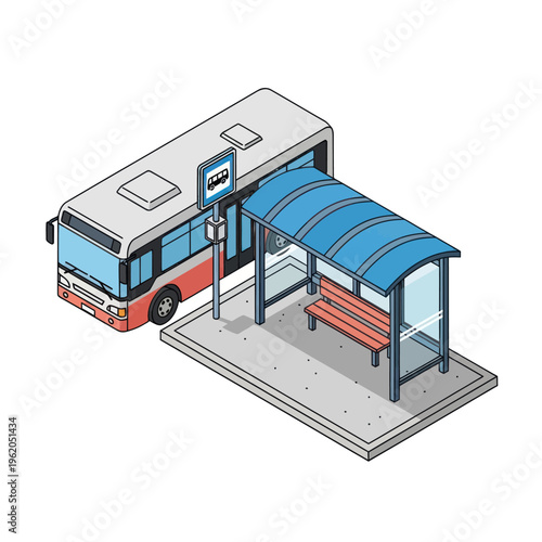 Isometric Bus and Bus Stop Illustration.