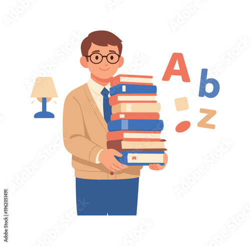 Flat editorial character illustration of a male librarian in glasses holding a tall stack of colorful books, a small reading lamp icon and floating letter