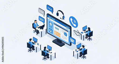 Isometric View of Customer Service Team Working in Call Center.