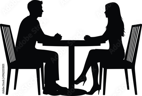 Black silhouette vector illustration of a man and woman sitting at a table for a romantic date or business meeting