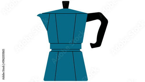 Close up profile view of a blue moka pot coffee maker with black handle and lid detail presented in simple graphic illustration espresso maker stovetop coffee italian coffee