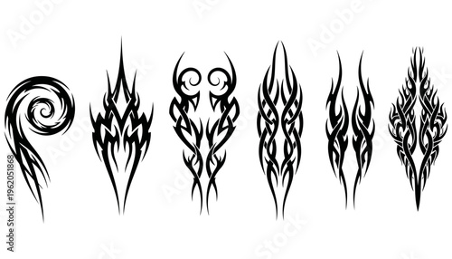 Collection of stylized black tribal tattoo designs and abstract ornamental patterns displayed in a horizontal line each with unique flowing lines 188 characters artistic body art