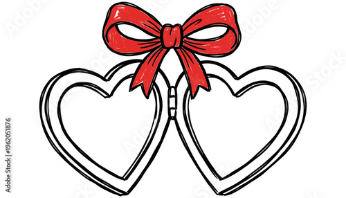 Two outlined hearts connected by a bright red bow representing love and partnership in a simple hand drawn style romance celebration togetherness graphic illustration symbol