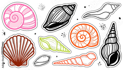 A collection of colorful hand drawn seashells and spiral shells each outlined with a thick black stroke presented as sticker like graphics ocean beach summer marine nature