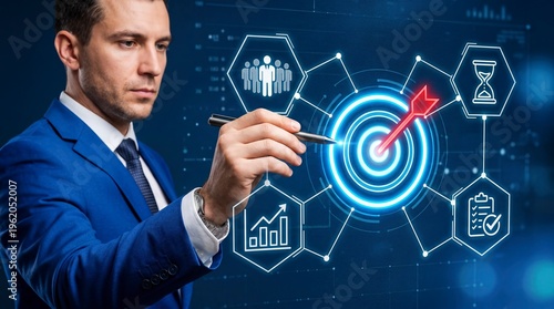 Focused businessman aiming for success with digital targets and goals visualized