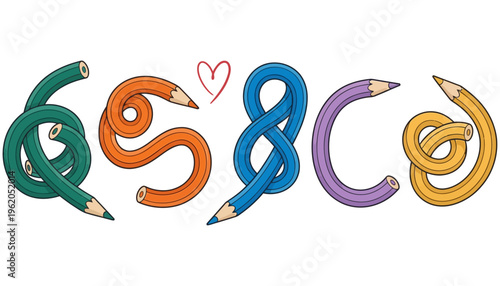 Colorful drawing pencils are artfully bent into curved shapes resembling numbers and letters with a small heart accent education creativity design school supplies stationery