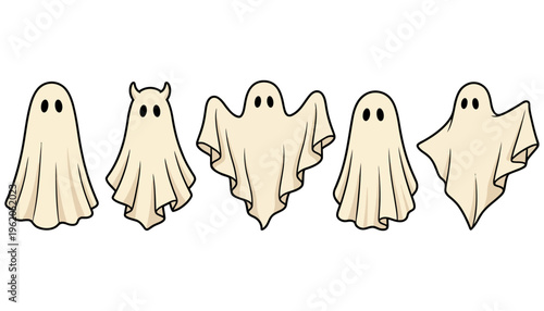 Five stylized cartoon ghosts with simple black eyes and flowing draped sheets in varying shapes and poses halloween spooky spirit apparition supernatural illustration character
