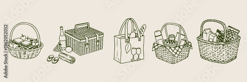 picnic and barbeque, retro collection, line art doodles, hand drawn elements, summer outdoor eating, food and gathering icons, vintage style

