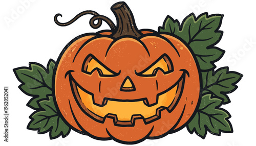 A cheerful jack o lantern pumpkin with carved spooky face glowing from within and surrounded by green leaves perfect for Halloween celebrations jackolantern orange autumn