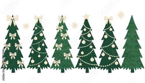 A row of stylized green Christmas trees adorned with cream colored bows ornaments and stars creating a festive holiday arrangement decoration festive arrangement winter celebration