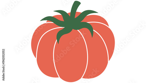 A stylized red tomato with green leaves and white segmented lines presented in a simple graphic illustration style food fruit vegetable healthy fresh natural organic ingredient